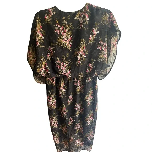 Anthro Foxiedox Black Floral Flutter Sleeve‎ Ruched V Neck Midi Dress Size 6 - Picture 5 of 7